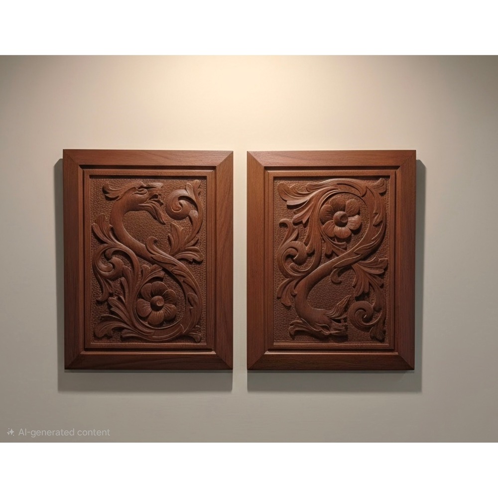 Vintage Hand Carved Wood Wall Art Panels Pair Floral Dragon Scrollwork Plaques